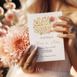 Reserve A Data Elegant Blush Dahlias Golden Script Wedding Photo 