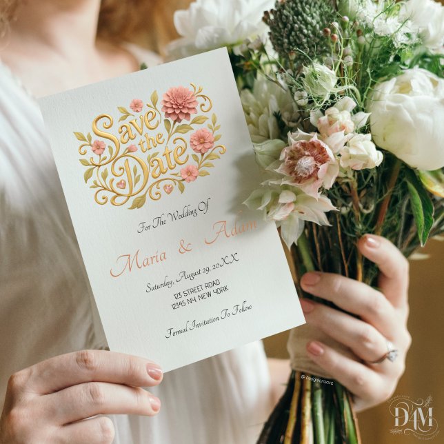 Reserve A Data Elegant Blush Dahlias Golden Script Wedding Photo  (Criador carregado)