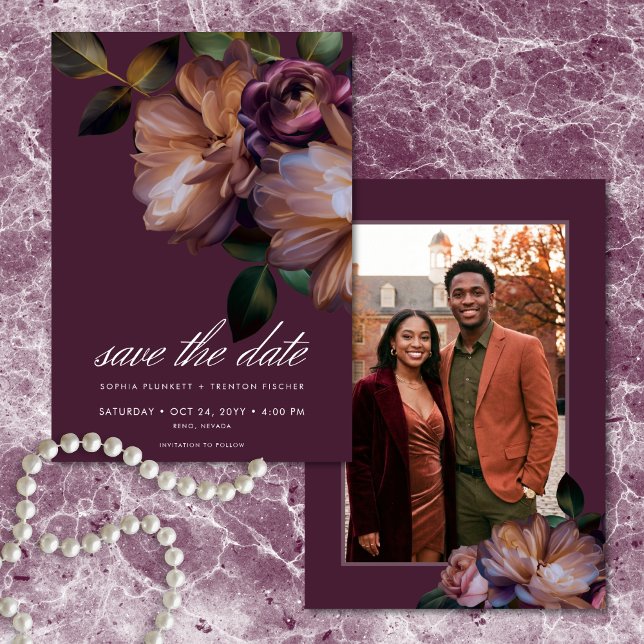 Reserve A Data Elegant Burgundy Classic Moody Floral Photo (Elegant Burgundy Classic Moody Floral Photo Save The Date)