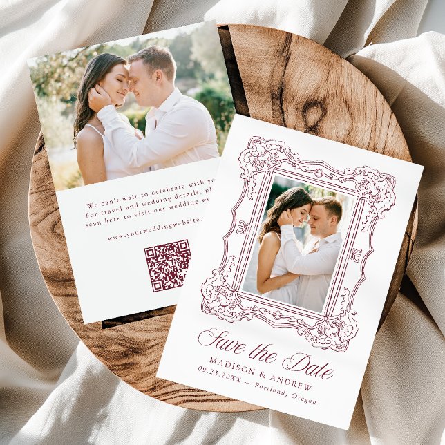 Reserve A Data Elegant Burgundy Ornate Frame QR Code Wedding (Criador carregado)