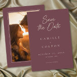 Reserve A Data Elegant Burgundy Wine Minimalist Wedding Photo<br><div class="desc">Celebrate your love with this minimalist burgundy wine wedding photo save the date card design. It's perfect for an elegant autumn ceremony. This earthy,  modern look offers a warm and sophisticated feel for your autumn hue wedding. Created by Simply Farmhouse Press.</div>