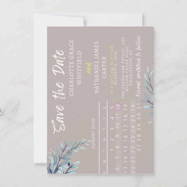 Reserve A Data Elegant Calendar Save the Date | Mauve & Botanical (Frente)