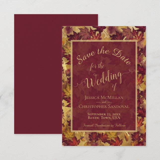 Reserve A Data Elegant Calligraphy Burgundy & Gold Leaves Wedding (Frente/Verso)
