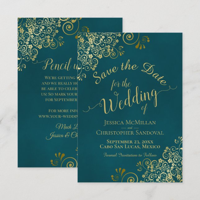 Reserve A Data Elegant Calligraphy Ornate Teal and Gold Wedding (Frente/Verso)