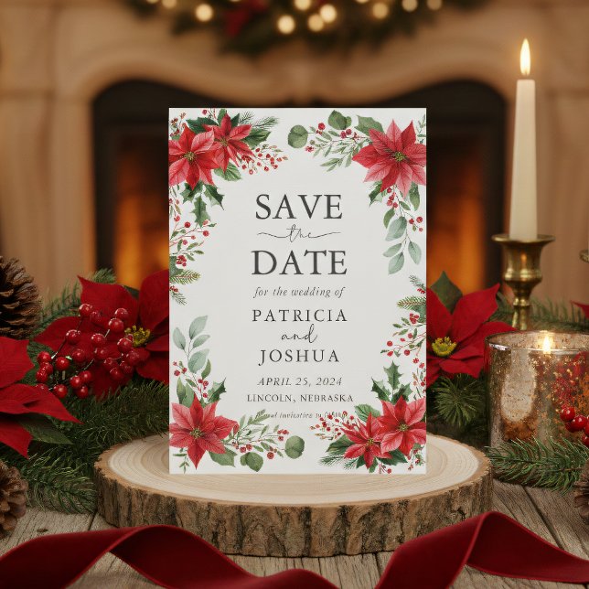 Reserve A Data Elegant Christmas Save the Date with Poinsettias (Criador carregado)