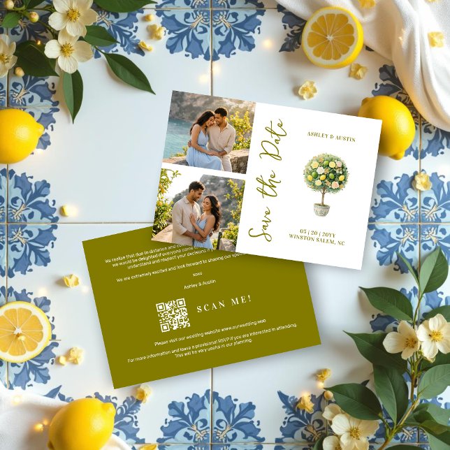 Reserve A Data Elegant Citrus Mediterranean Topiary 2-Photo (Elegant Citrus Mediterranean Topiary 2-Photo Wedding Save the Date Cards with Back Modern QR Code. )