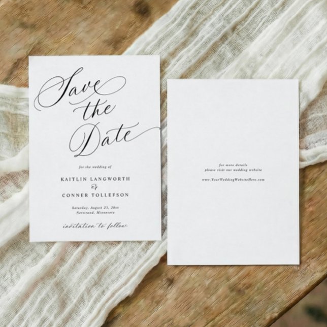 Reserve A Data Elegant Classic Calligraphy Formal Wedding (Formal black and white wedding save the date with elegant calligraphy and classic script)