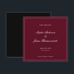 Reserve A Data Elegant Classy Formal Burgundy Red Script Wedding<br><div class="desc">Elegant,  formal and classy square Wedding Save the Date with Script typography for the couple's names,  dark burgundy red background,  an elegant frame on the front and a black backer. Customize it with your own wedding information. A very elegant and sophisticated Wedding Announcement for modern couples.</div>