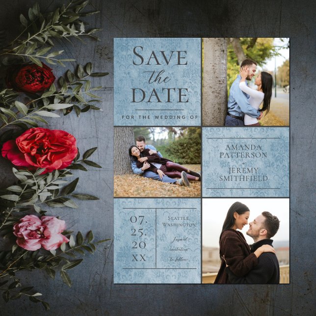 Reserve A Data Elegant Damask Three Photo Collage | Azul (Elegant Damask Three Photo Save the Date - Blue)