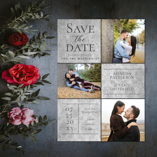 Reserve A Data Elegant Damask Three Photo Collage | Cinza (Elegant Damask Three Photo Save the Date - Gray)