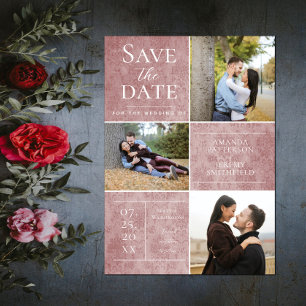 Reserve A Data Elegant Damask Three Photo Collage   Cor de Rosa
