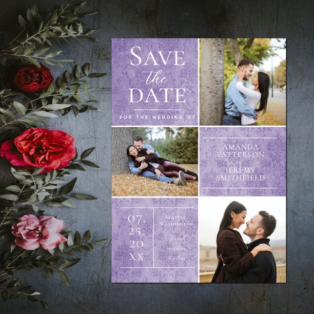 Reserve A Data Elegant Damask Three Photo Collage | Roxa (Elegant Damask Three Photo Save the Date - Purple)