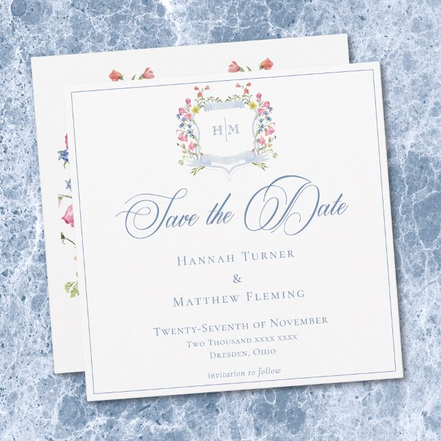 Reserve A Data Elegant Dusty Blue Pastel Wildflower Crest Wedding (Elegant Blue Pastel Wildflower Crest Wedding Save The Date)