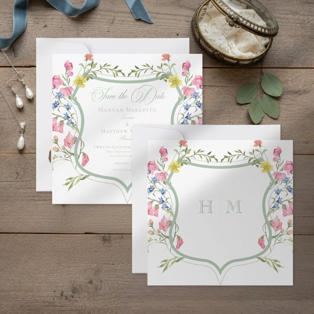 Reserve A Data Elegant Dusty Sage Pastel Wildflower Crest Wedding (Criador carregado)