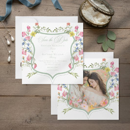 Reserve A Data Elegant Dusty Sage Wildflower Crest Photo Wedding