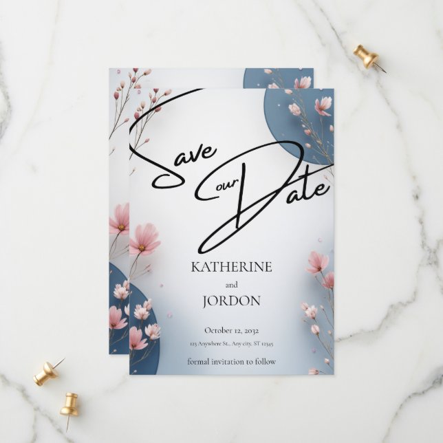 Reserve A Data Elegant Floral Save the Date Wedding Card  (Frente/Verso In Situ)