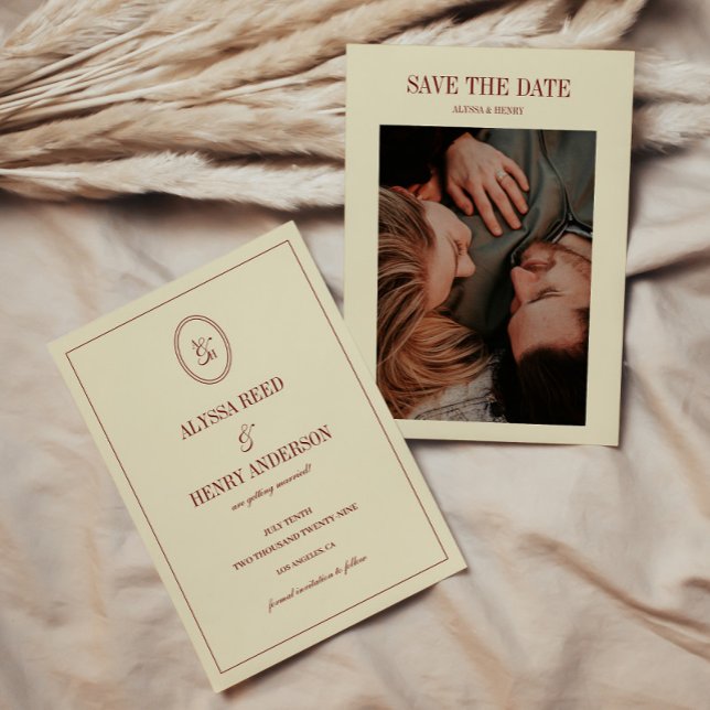 Reserve A Data Elegant Formal Ivory Monogram Couple Photo Wedding (Criador carregado)