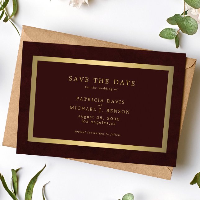 Reserve A Data Elegant gold burgundy simple typography wedding (Criador carregado)