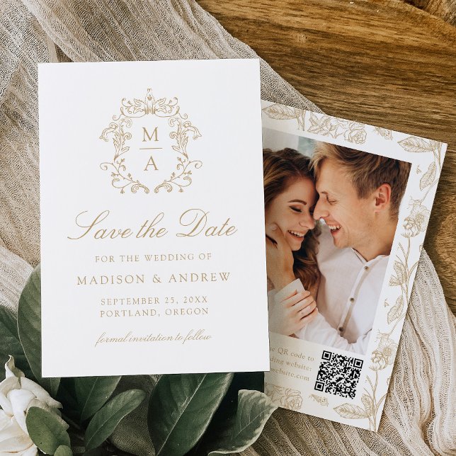 Reserve A Data Elegant Gold Chinoiserie Floral QR Code Wedding (Criador carregado)