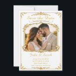 Reserve A Data Elegant Gold Frame Wedding Save the Date PhotoCard<br><div class="desc">Announce your special day in timeless style with this elegant gold frame wedding Save the Date card. Featuring a luxurious ornate gold border and a romantic couple photo, this design creates a classic and sophisticated look perfect for weddings, engagements, and formal celebrations. The refined typography and decorative details add a...</div>