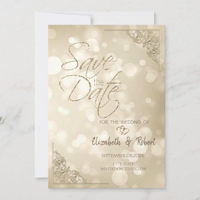 Reserve A Data Elegant Gold Hearts Frame Bokeh Save The Date (Frente)