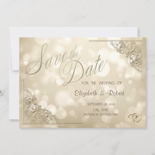 Reserve A Data Elegant Gold Hearts Frame Bokeh Save The Date (Frente)