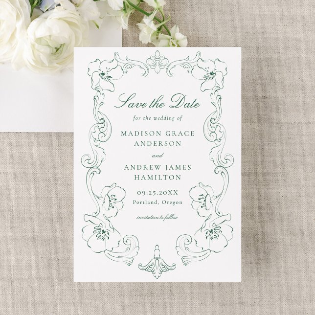 Reserve A Data Elegant Green Ornate Floral Frame Wedding (Criador carregado)