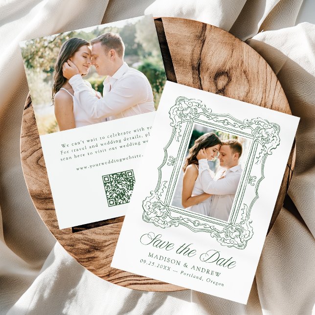 Reserve A Data Elegant Green Ornate Frame 2 Photo QR Code Wedding (Criador carregado)