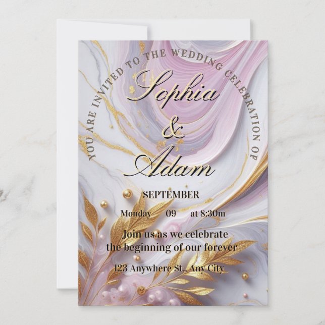 Reserve A Data Elegant Marble & Gold Wedding Invitation (Frente)