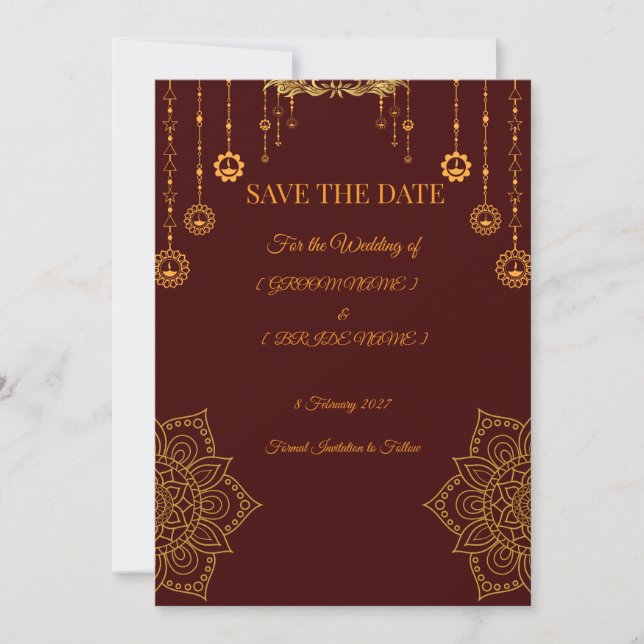 Reserve A Data Elegant Maroon & Gold Save the Date Card (Frente)