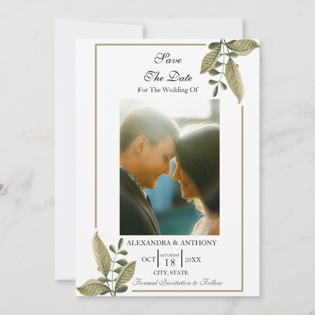 Reserve A Data Elegant Minimalist Greenery Save The Date (Frente)