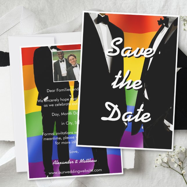 Reserve A Data Elegant Modern Gay Men Wedding Photo Rainbow (Criador carregado)
