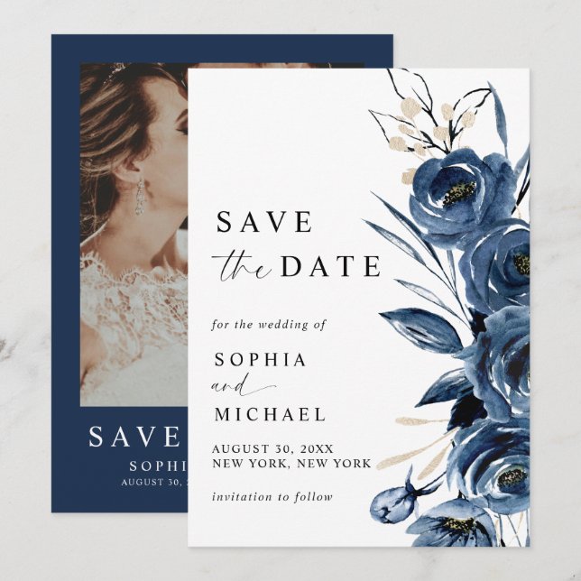 Reserve A Data Elegant Modern Navy Blue Floral & Photo Wedding  (Frente/Verso)