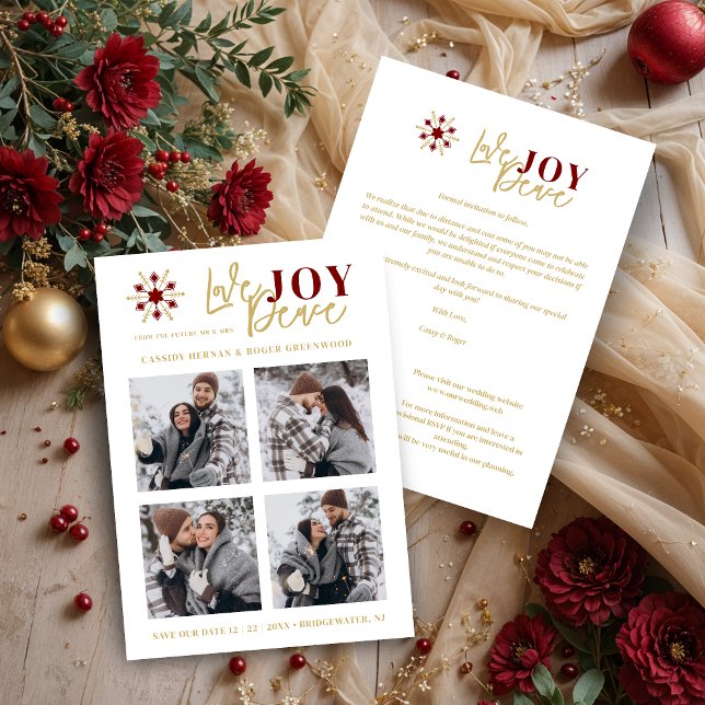 Reserve A Data Elegant Modern Wedding Christmas Four Photos (Elegant Modern Wedding Christmas 4 Photos in Dark Red & Fake Gold Holiday Cards as a Save the Dates.)