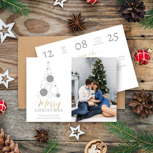 Reserve A Data Elegant Modern Wedding Christmas Tree (Elegant Modern Wedding Christmas Tree Photo in Grey and Fake Gold Holiday as a Save the Date.)