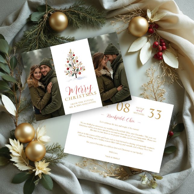 Reserve A Data Elegant Modern Wedding Christmas Tree 2-Photos  (Elegant Modern Wedding Christmas Tree 2-Photos in Red and Faux Gold Holiday Cards Save the Date Card)