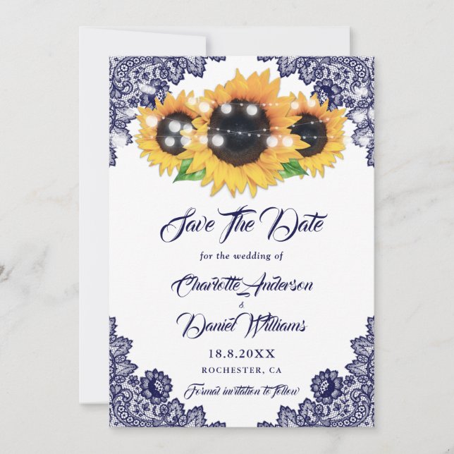 Reserve A Data Elegant Navy Blue Floral Lace Sunflower Wedding (Frente)