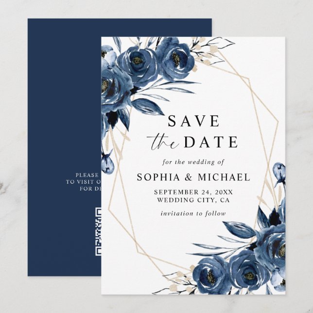 Reserve A Data Elegant Navy Blue Flowers & QR Code Wedding  (Frente/Verso)
