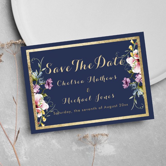 Reserve A Data Elegant navy blue gold pink floral Save The Date (Elegant navy blue gold pink floral Save The Date )