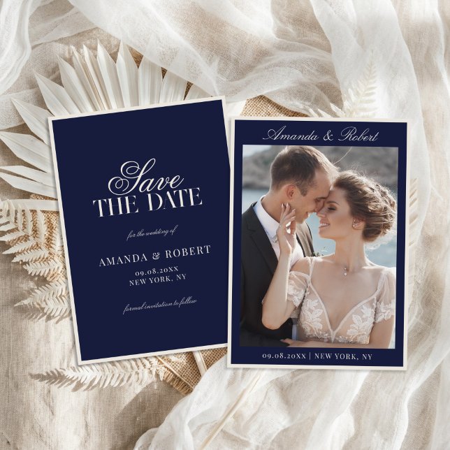 Reserve A Data Elegant Navy Blue Old Money Photo Wedding (Criador carregado)