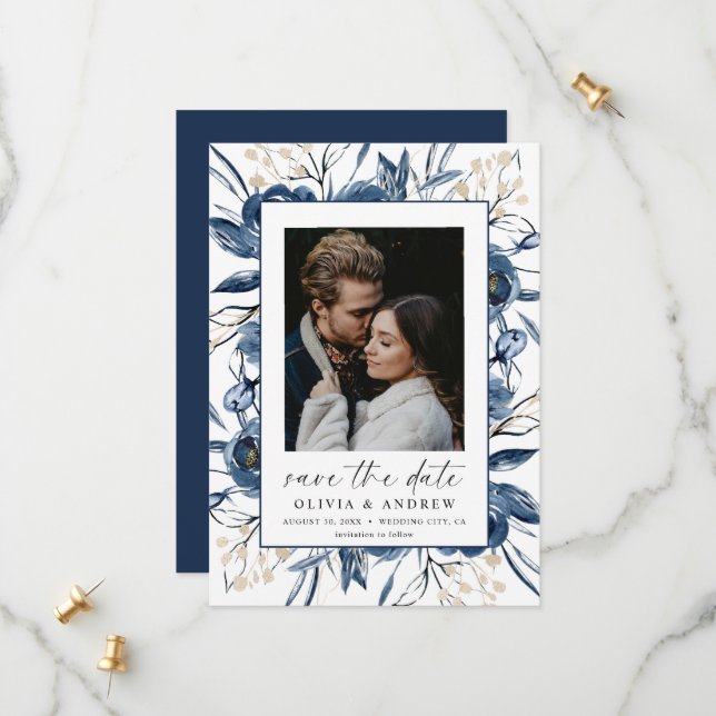 Reserve A Data Elegant Navy Blue Script Photo Floral Wedding (Frente/Verso In Situ)