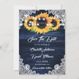 Reserve A Data Elegant Navy Blue Wood Lace Sunflower Wedding