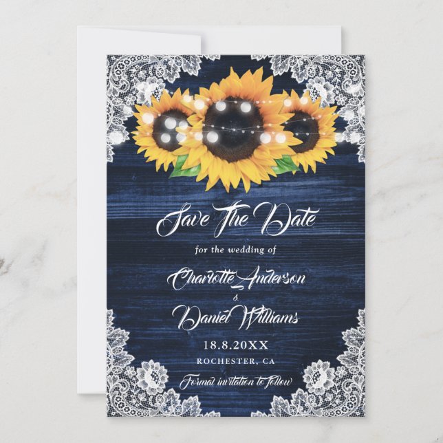 Reserve A Data Elegant Navy Blue Wood Lace Sunflower Wedding (Frente)