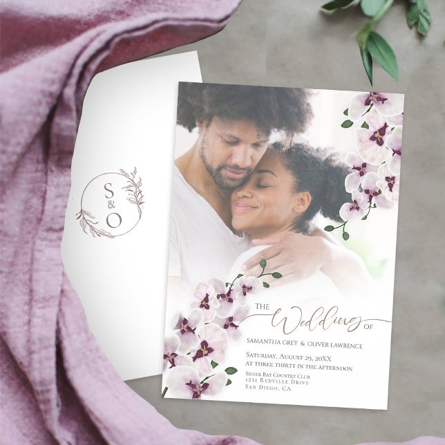 Reserve A Data Elegant Orchid Wedding Invitation Photo Card (Criador carregado)