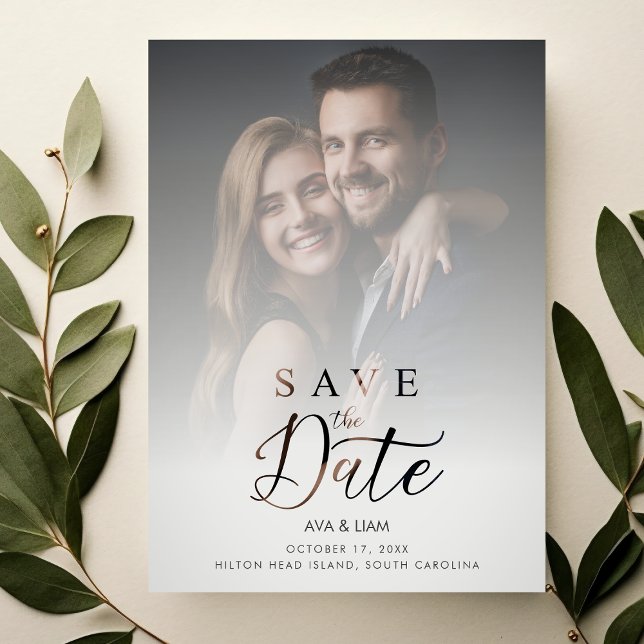 Reserve A Data Elegant Overlay Gradient Grey Shades Photo Wedding (Wedding Card:  Elegant Overlay Gradient in Grey Shades with Photo.)