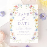 Reserve A Data Elegant Pastel Wildflower Garden Wedding<br><div class="desc">Invite guests to mark their calendars with this elegant pastel wildflower garden save the date featuring delicate watercolor wildflowers arranged along both sides of the design in soft shades of purple, pink, yellow, blue, and white with fresh greenery. The graceful floral border frames the wording in soft lavender lettering, highlighting...</div>