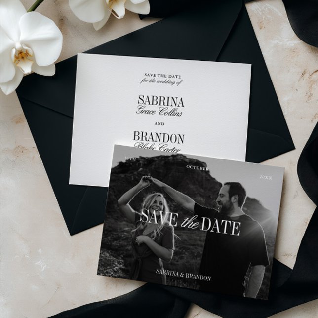 Reserve A Data Elegant Photo Black & White Save the Date Card (Elegant Photo Black & White Save the Date Card)