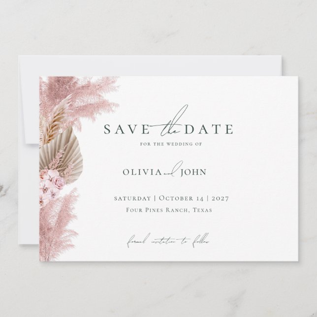 Reserve A Data Elegant Photo Pampas Grass Wedding Save the Date  (Frente)