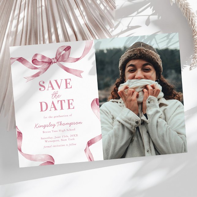 Reserve A Data Elegant Pink Bow Graduation Save the Date (Criador carregado)