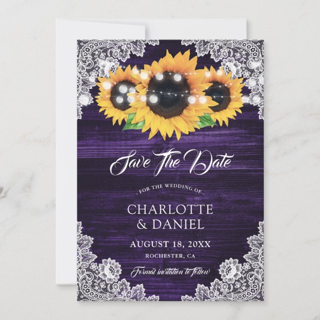 Reserve A Data Elegant Purple Wood Floral Lace Sunflower Wedding (Frente)